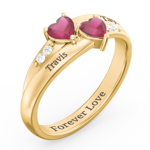 Double Heart Gemstone Ring with Accents – 18K Gold Plated Silver with Ruby and Cubic Zirconia
