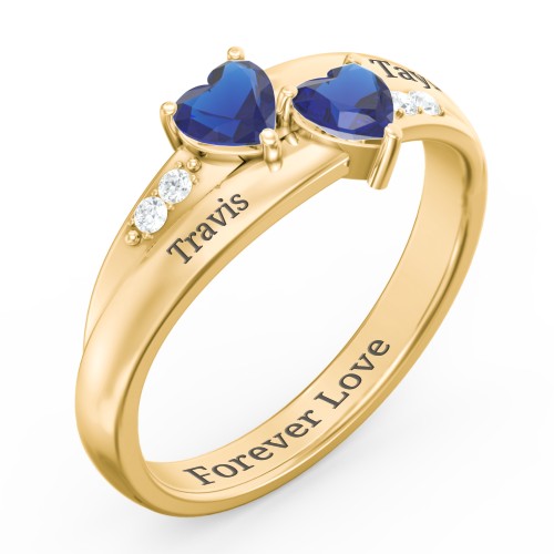 Double Heart Gemstone Ring with Accents – 18K Gold Plated Silver with Blue Sapphire and Cubic Zirconia