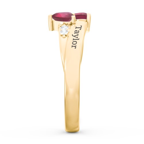 Double Heart Gemstone Ring with Accents – 18K Gold Plated Silver with Ruby and Cubic Zirconia
