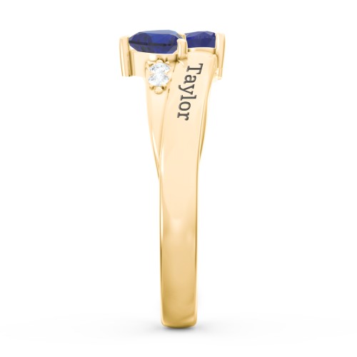 Double Heart Gemstone Ring with Accents – 18K Gold Plated Silver with Blue Sapphire and Cubic Zirconia