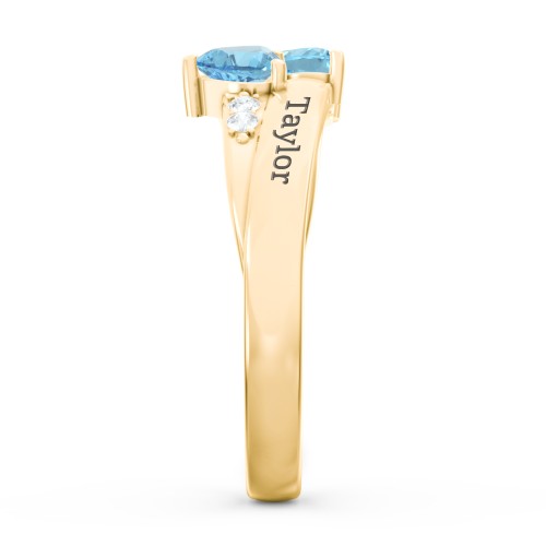 Double Heart Gemstone Ring with Accents – 18K Gold Plated Silver with Blue Topaz and Cubic Zirconia