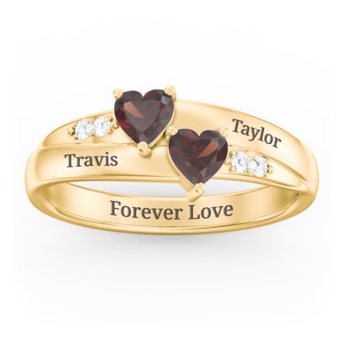 Double Heart Gemstone Ring with Accents – 18K Gold Plated Silver with Garnet and Cubic Zirconia