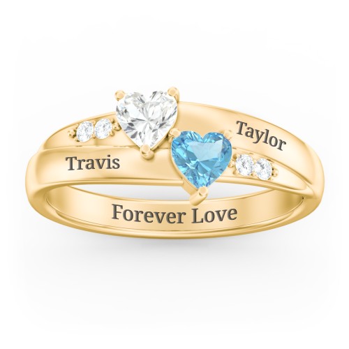 Double Heart Gemstone Ring with Accents – 18K Gold Plated Silver with Cubic Zirconia and Blue Topaz