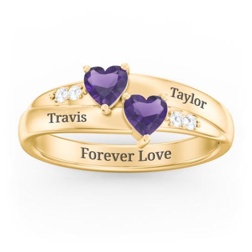 Double Heart Gemstone Ring with Accents – 18K Gold Plated Silver with Amethyst and Cubic Zirconia