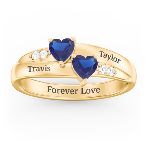 Double Heart Gemstone Ring with Accents – 18K Gold Plated Silver with Blue Sapphire and Cubic Zirconia