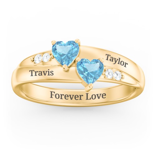 Double Heart Gemstone Ring with Accents – 18K Gold Plated Silver with Blue Topaz and Cubic Zirconia