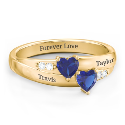 Double Heart Gemstone Ring with Accents – 18K Gold Plated Silver with Blue Sapphire and Cubic Zirconia