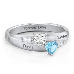 Double Heart Gemstone Ring with Accents – 10K Rose Gold with Cubic Zirconia and Blue Topaz