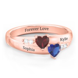 Double Heart Gemstone Ring with Accents in 10K Solid Rose Gold with Garnet and Blue Sapphire
