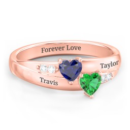 Double Heart Gemstone Ring with Accents in 10K Solid Rose Gold with Blue Sapphire and Emerald