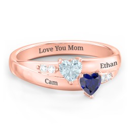 Double Heart Gemstone Ring with Accents in 10K Solid Rose Gold with Aquamarine and Blue Sapphire