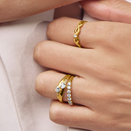 Double Heart Gemstone Ring with Accents – 10K Rose Gold with Cubic Zirconia and Blue Topaz