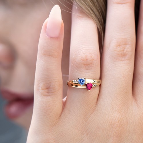 Double Heart Gemstone Ring with Accents – 10K Rose Gold with Cubic Zirconia and Blue Topaz
