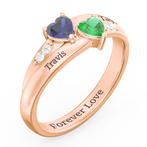Double Heart Gemstone Ring with Accents – 10K Rose Gold with Blue Sapphire, Emerald, and Cubic Zirconia