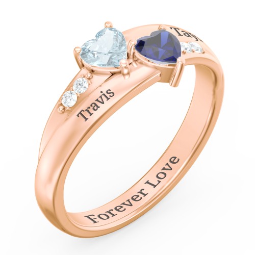 Double Heart Gemstone Ring with Accents – 10K Rose Gold with Aquamarine, Blue Sapphire, and Cubic Zirconia