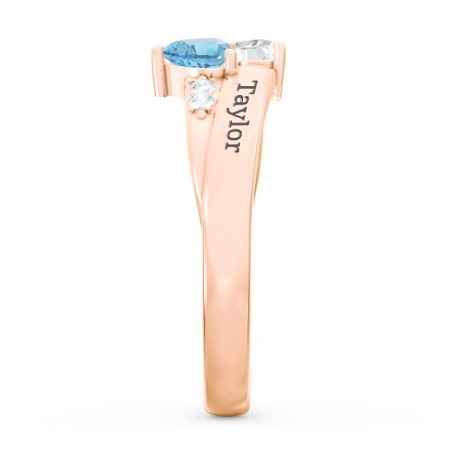Double Heart Gemstone Ring with Accents – 10K Rose Gold with Cubic Zirconia and Blue Topaz