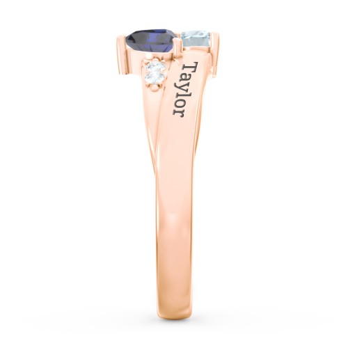 Double Heart Gemstone Ring with Accents – 10K Rose Gold with Aquamarine, Blue Sapphire, and Cubic Zirconia
