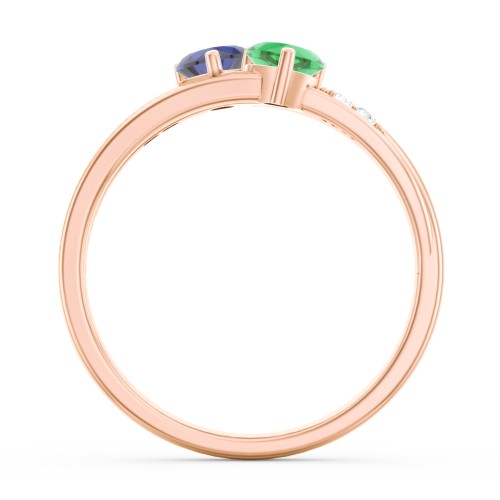 Double Heart Gemstone Ring with Accents – 10K Rose Gold with Blue Sapphire, Emerald, and Cubic Zirconia