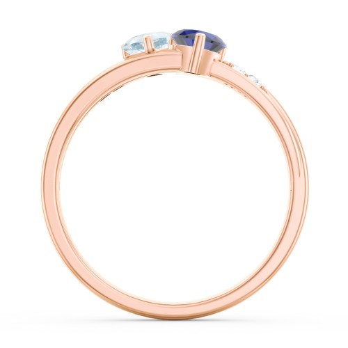 Double Heart Gemstone Ring with Accents – 10K Rose Gold with Aquamarine, Blue Sapphire, and Cubic Zirconia