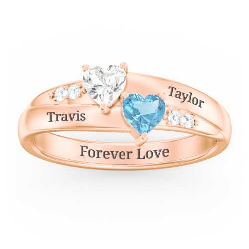 Double Heart Gemstone Ring with Accents – 10K Rose Gold with Cubic Zirconia and Blue Topaz