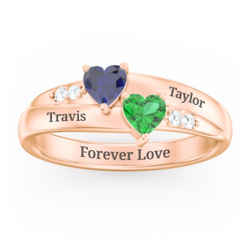 Double Heart Gemstone Ring with Accents – 10K Rose Gold with Blue Sapphire, Emerald, and Cubic Zirconia