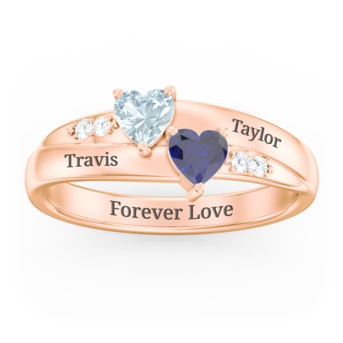 Double Heart Gemstone Ring with Accents – 10K Rose Gold with Aquamarine, Blue Sapphire, and Cubic Zirconia
