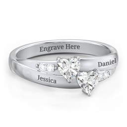 Double Heart Gemstone Ring with Accents in 925 Sterling Silver with Diamond and Cubic Zirconia