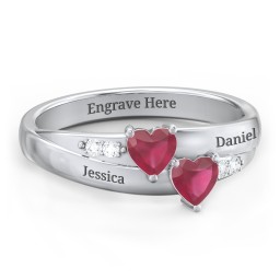 Double Heart Gemstone Ring with Accents in 925 Sterling Silver with Diamond and Ruby