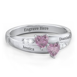 Double Heart Gemstone Ring with Accents in 925 Sterling Silver with Diamond and Alexandrite