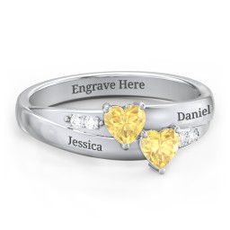 Double Heart Gemstone Ring with Accents in 925 Sterling Silver with Diamond and Citrine