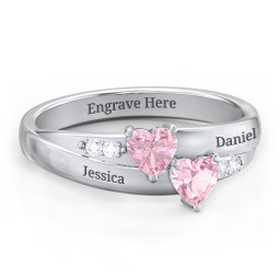 Double Heart Gemstone Ring with Accents in 925 Sterling Silver with Pink Tourmaline