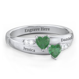 Double Heart Gemstone Ring with Accents in 925 Sterling Silver with Emerald