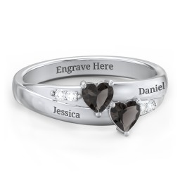 Double Heart Gemstone Ring with Accents in 925 Sterling Silver with Smokey Quartz