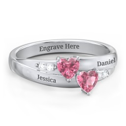 Double Heart Gemstone Ring with Accents in 925 Sterling Silver with Pink Tourmaline