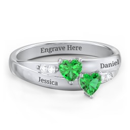 Double Heart Gemstone Ring with Accents in 925 Sterling Silver with Emerald