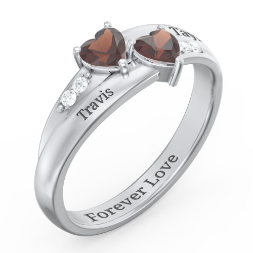 Double Heart Gemstone Ring with Accents – Sterling Silver with Garnet and Cubic Zirconia