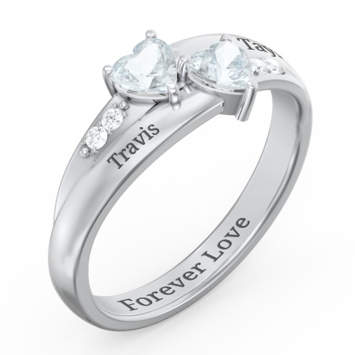 Double Heart Gemstone Ring with Accents – Sterling Silver with Aquamarine and Cubic Zirconia