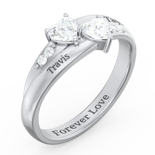 Double Heart Gemstone Ring with Accents – Sterling Silver with Diamond and Cubic Zirconia