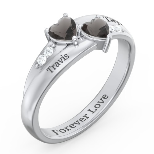 Double Heart Gemstone Ring with Accents – Sterling Silver with Smokey Quartz and Cubic Zirconia