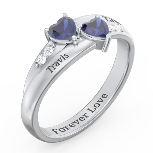 Double Heart Gemstone Ring with Accents – Sterling Silver with Blue Sapphire and Cubic Zirconia