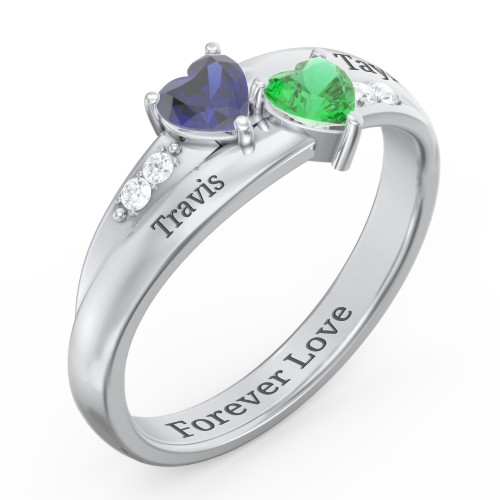 Double Heart Gemstone Ring with Accents – Sterling Silver with Blue Sapphire, Emerald, and Cubic Zirconia