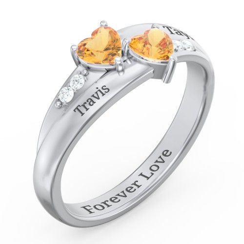 Double Heart Gemstone Ring with Accents – Sterling Silver with Citrine and Cubic Zirconia