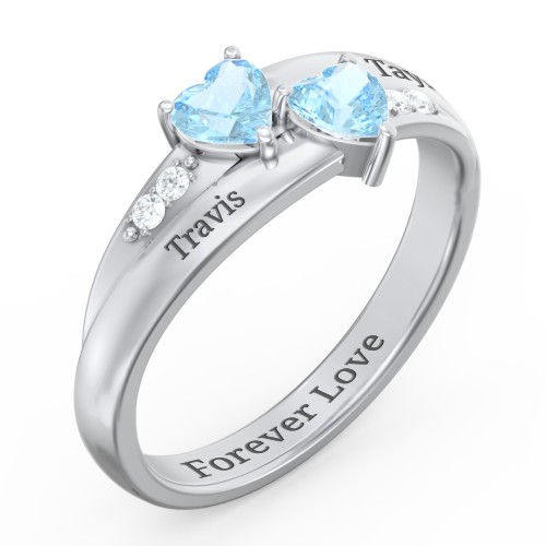 Double Heart Gemstone Ring with Accents – Sterling Silver with Blue Topaz and Cubic Zirconia