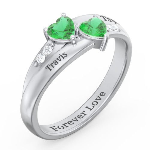 Double Heart Gemstone Ring with Accents – Sterling Silver with Emerald and Cubic Zirconia