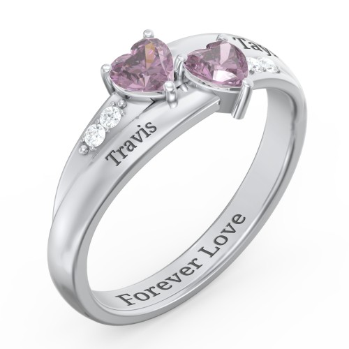 Double Heart Gemstone Ring with Accents – Sterling Silver with Alexandrite and Cubic Zirconia