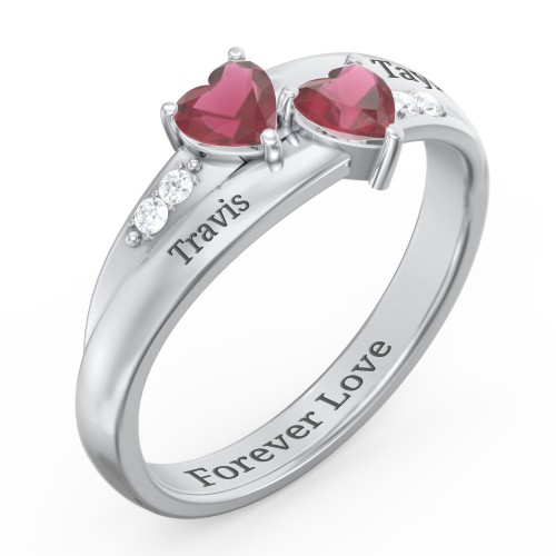Double Heart Gemstone Ring with Accents – Sterling Silver with Ruby and Cubic Zirconia