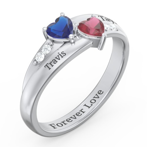 Double Heart Gemstone Ring with Accents – Sterling Silver with Blue Sapphire, Ruby, and Cubic Zirconia