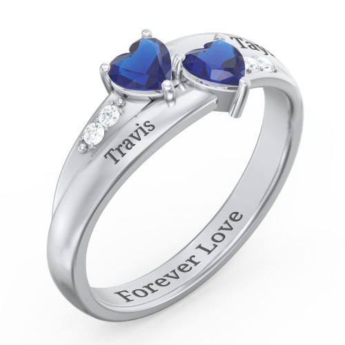Double Heart Gemstone Ring with Accents – Sterling Silver with Blue Sapphire and Cubic Zirconia