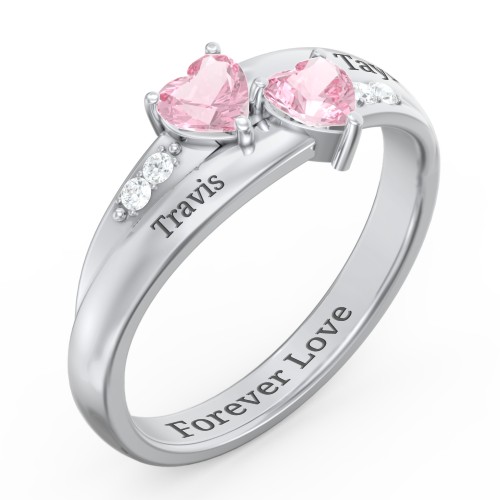Double Heart Gemstone Ring with Accents – Sterling Silver with Pink Tourmaline and Cubic Zirconia