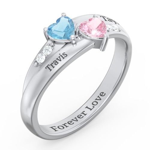 Double Heart Gemstone Ring with Accents – Sterling Silver with Blue Topaz, Pink Tourmaline, and Cubic Zirconia